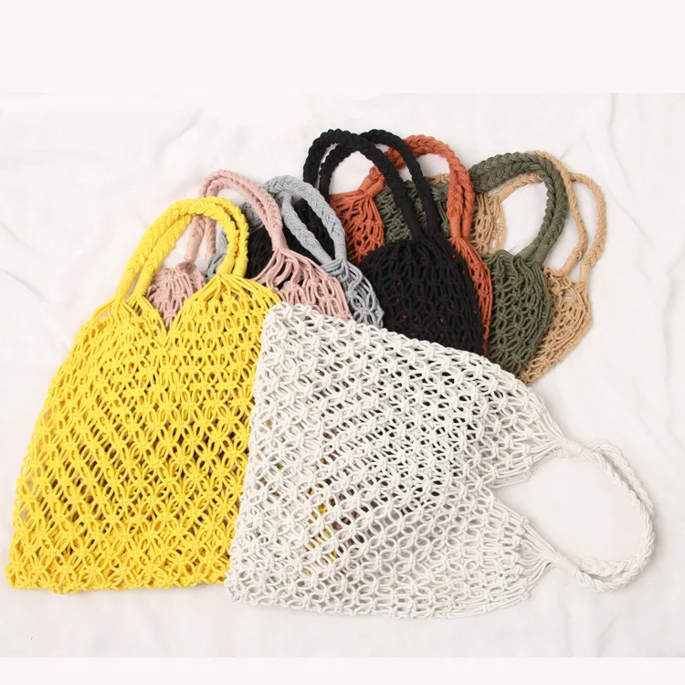 

2022 Multicolor Macrame Crochet Ladies Women Hand Bags Bohemian Cotton Woven Beach Tote Bags, Multi color