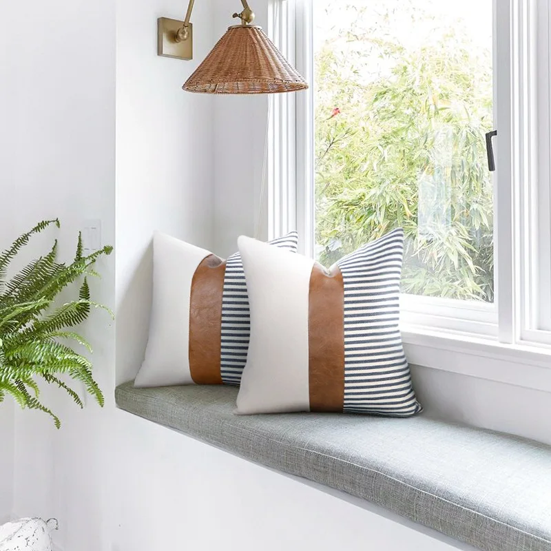 Modern Tan Faux Leather Accent Pillow Covers 18x18 Inch Faux Leather Stitching Canvas and Black Stripe Pattern Modern Farmhouse