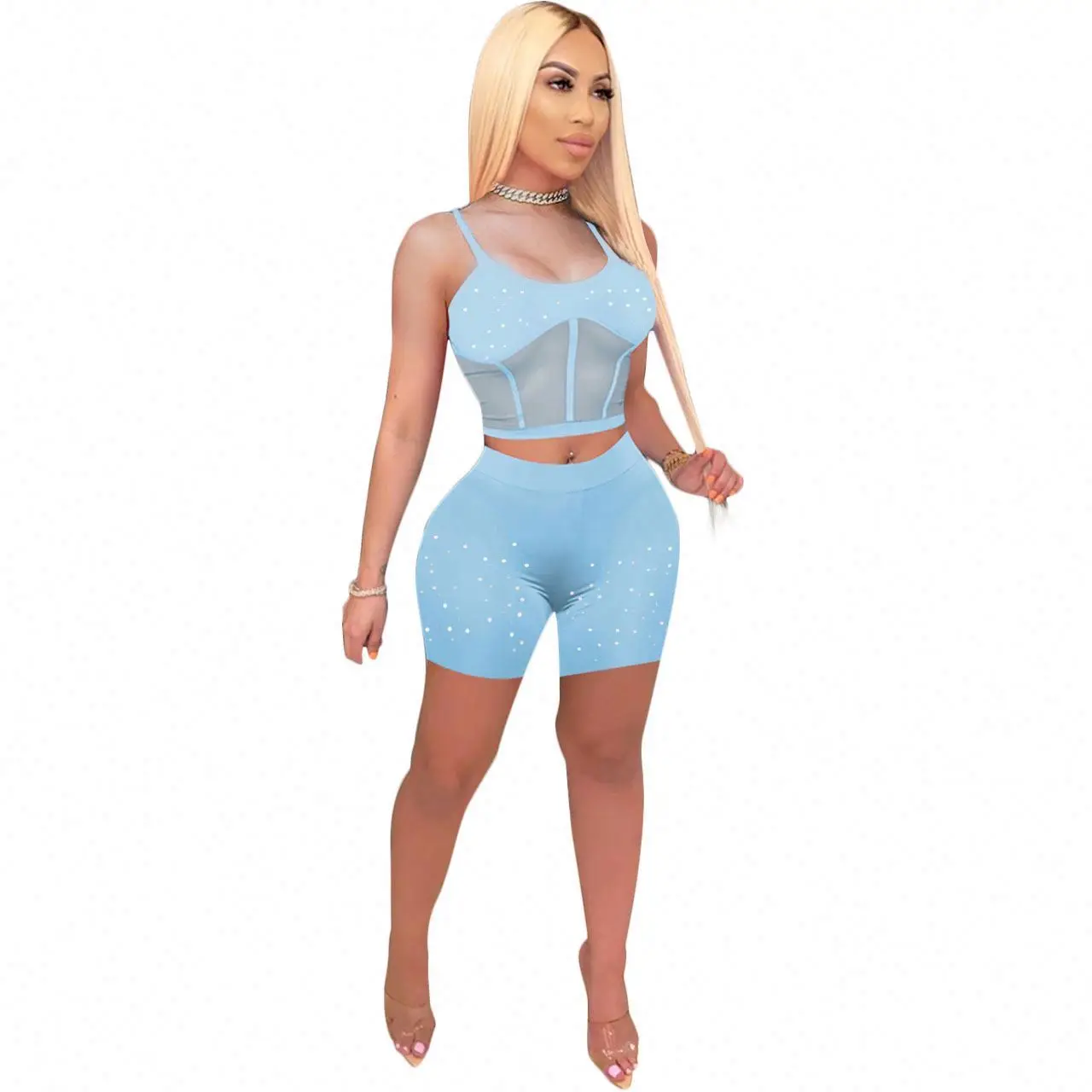 

Wholesale Summer Hot bricks Fashion Clothing Solid Patchwork Grenadine Crop Tops Women 2 Piece Sweat Suits Biker Short Set