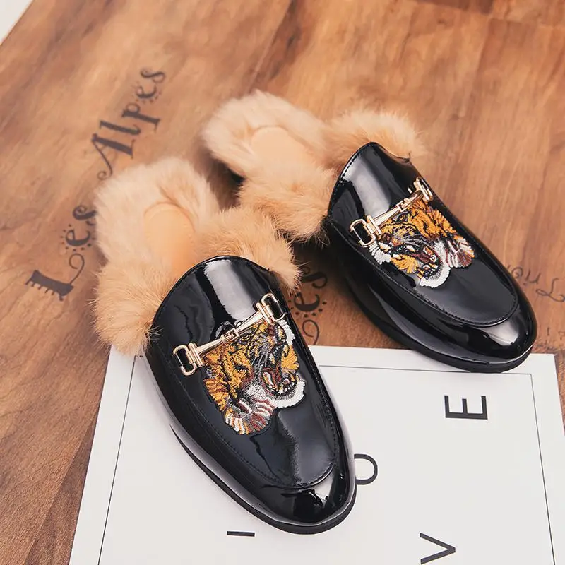 

Wholesale designer custom fashion casual slip on fluffy fur half animal furry slippers dress black leather shoes men loafers