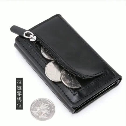 Credit Card Holder RFID Blocking Leather Automatic Pop Up Wallet Aluminum Slim Pocket Bifold Business Card Case with Button Black 