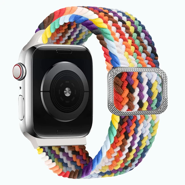 

Braided Solo Loop Strap for Apple Watch Band 45 41 38 40 42 44mm Adjustable Elastic Nylon Bracelet for iWatch Series 7 6 5 3 se, Black,gold,blue,red