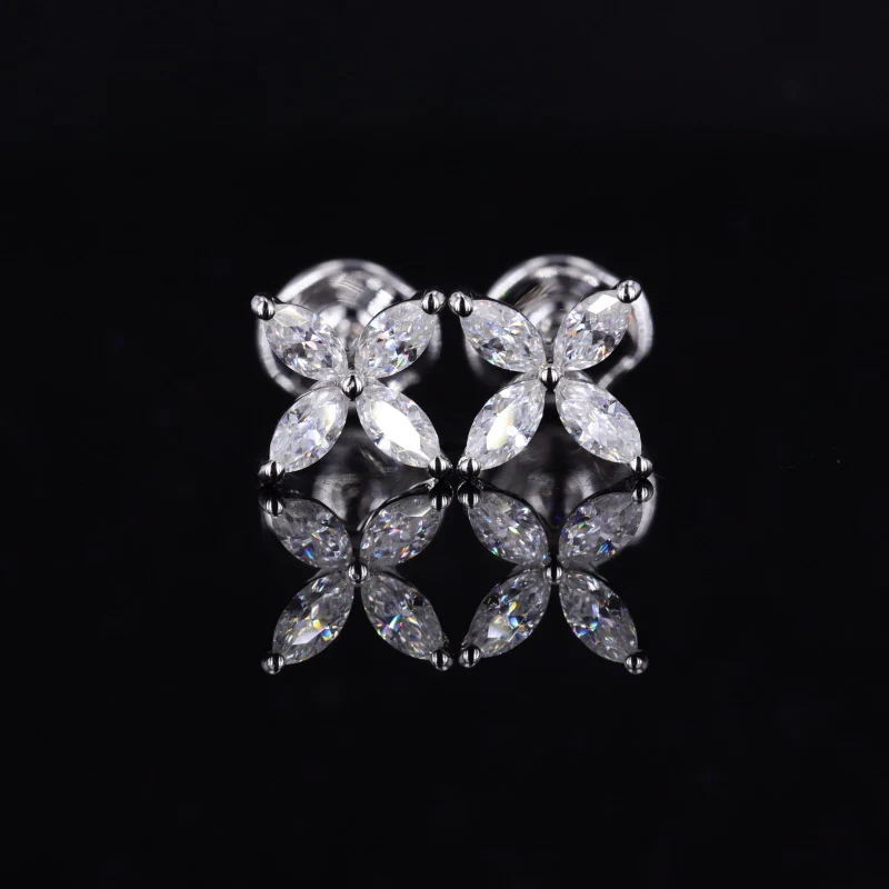 

18k white solid gold marquise 2x4mm brilliant cut moissanite diamond studs earring flower shape earrings