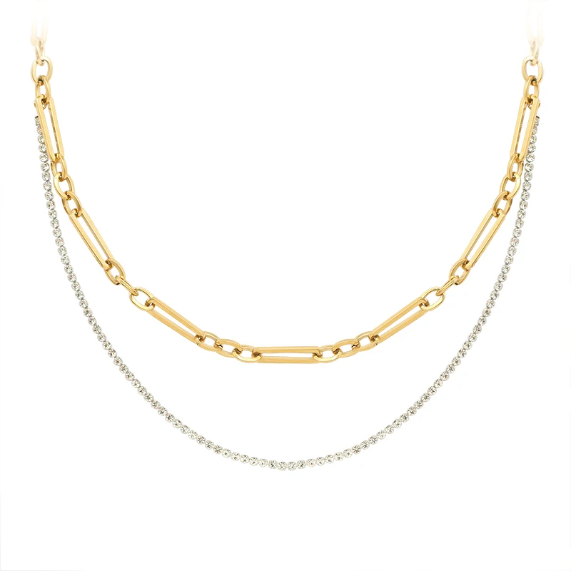 

White Zircon Chain with Titanium Steel Link Doubal Necklace Jewelry, 18k gold vacuum plated