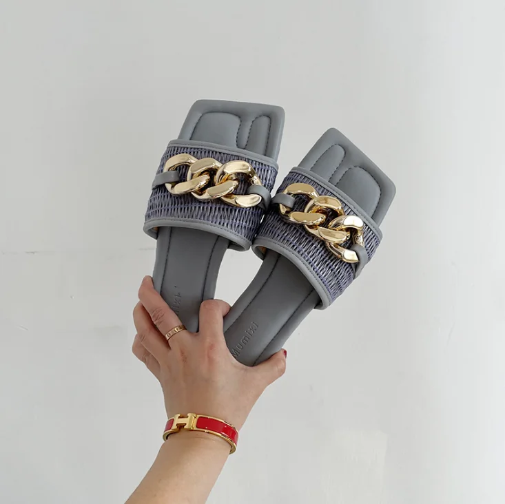 

Black flat slippers with metal chain link open-toe sandals women 2021 Mo Yan 23K6390327, Blue black beige