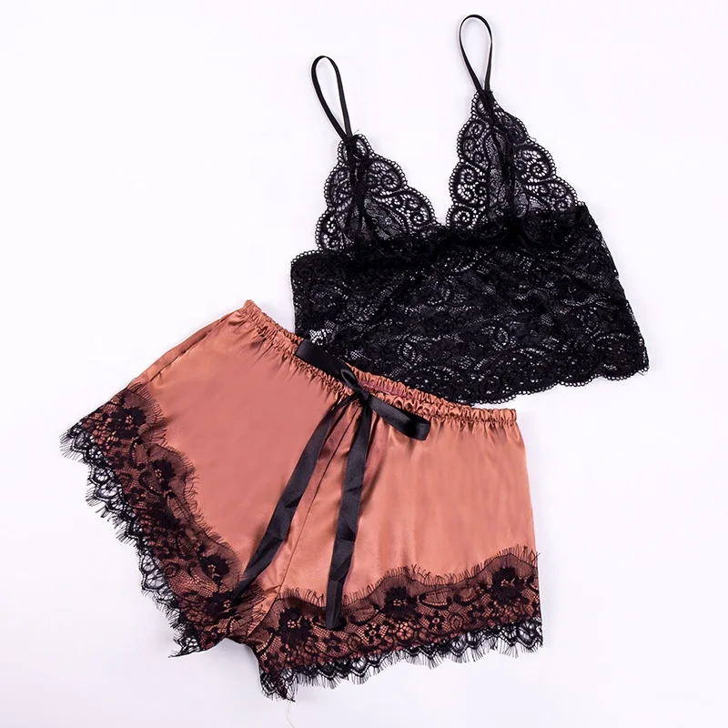
Wholesale women nightwear sexy lingerie satin pajamas set with lace 