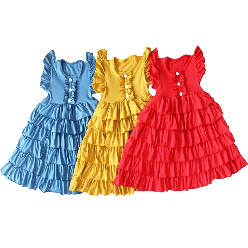 

Western Girls Summer Flutter Sleeve Dress Baby Girls Knitted Cotton Dress Kids Casual Frock Design Girl Ruffle Dress, Multicolor