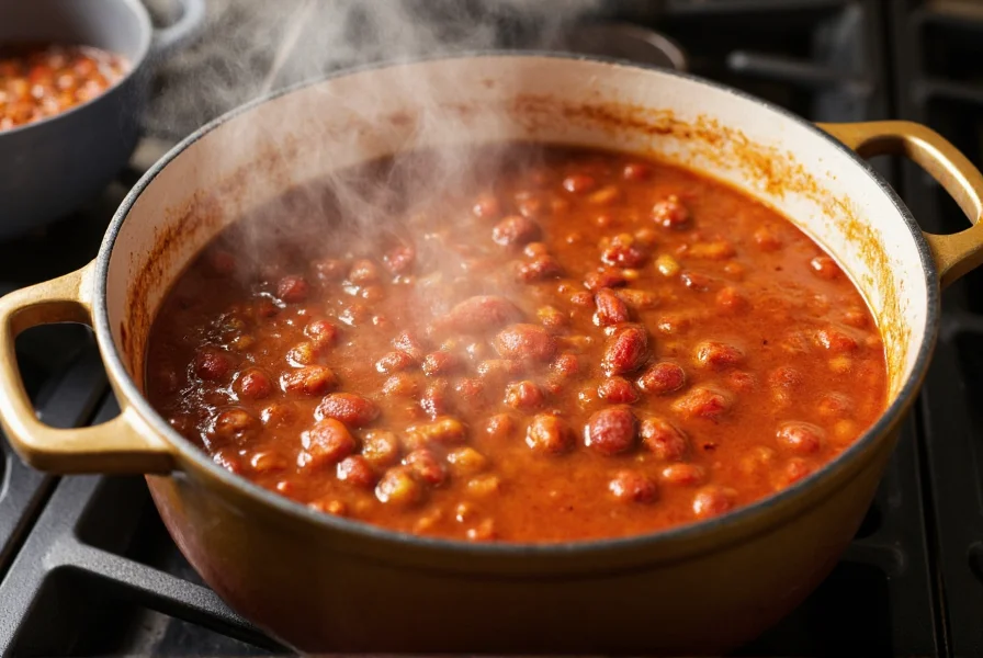 Pot of chili simmering uncovered on stove with steam rising, showing reduction process