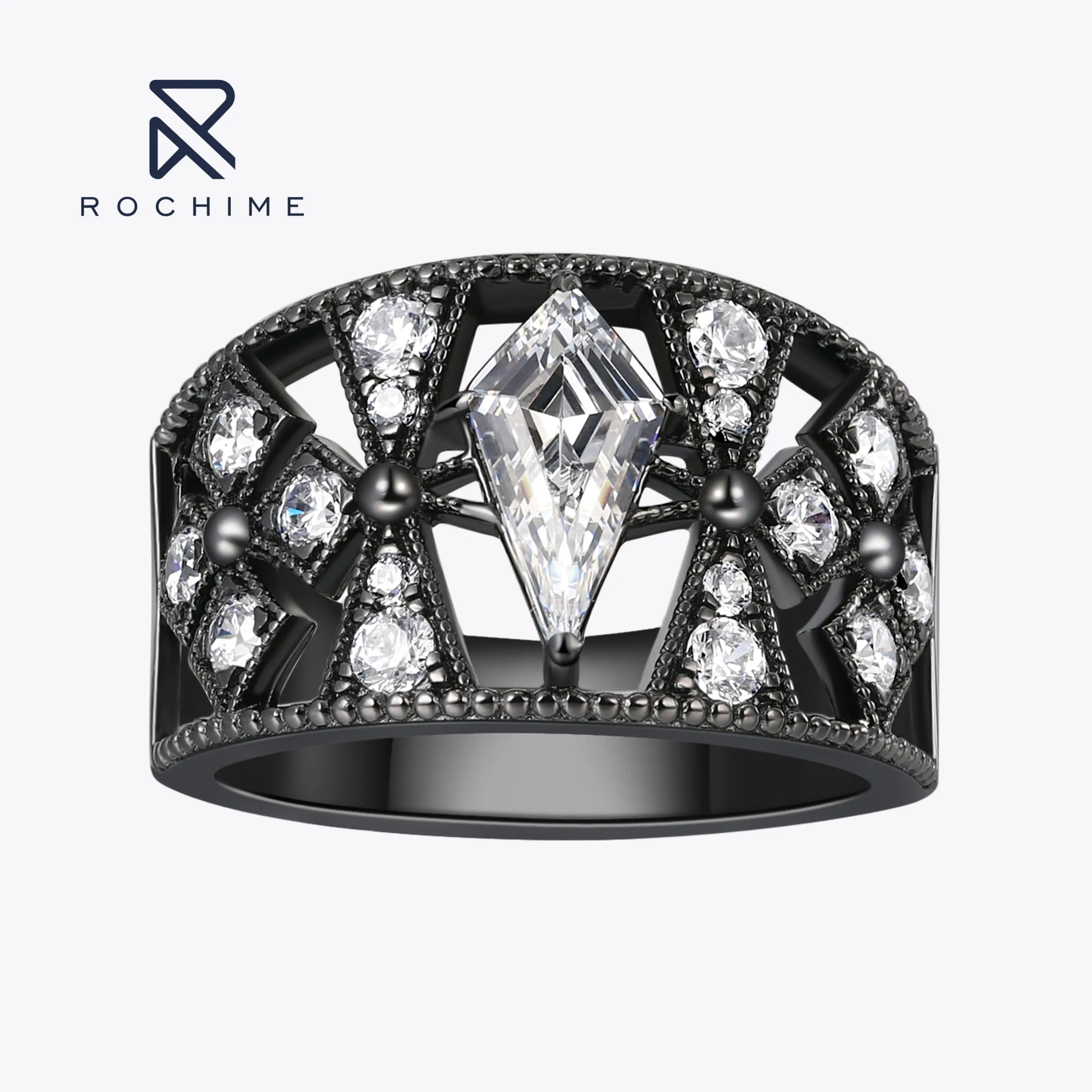 Rochime Black Lace Sword Shaped Ring 925 Sterling Silver Gold Plated Cubic Zirconia Rings for Women