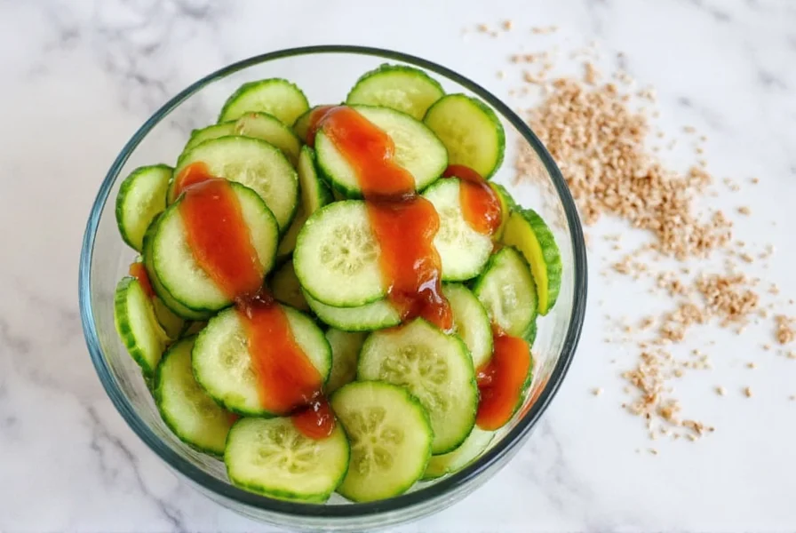 Thinly sliced cucumbers in glass bowl with vibrant red chili oil dressing drizzled over top, sesame seeds sprinkled on side