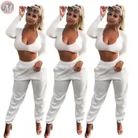 

9112918 new style fashionable white sports crop top long pants sweat suit High Womens Fashion Clothing