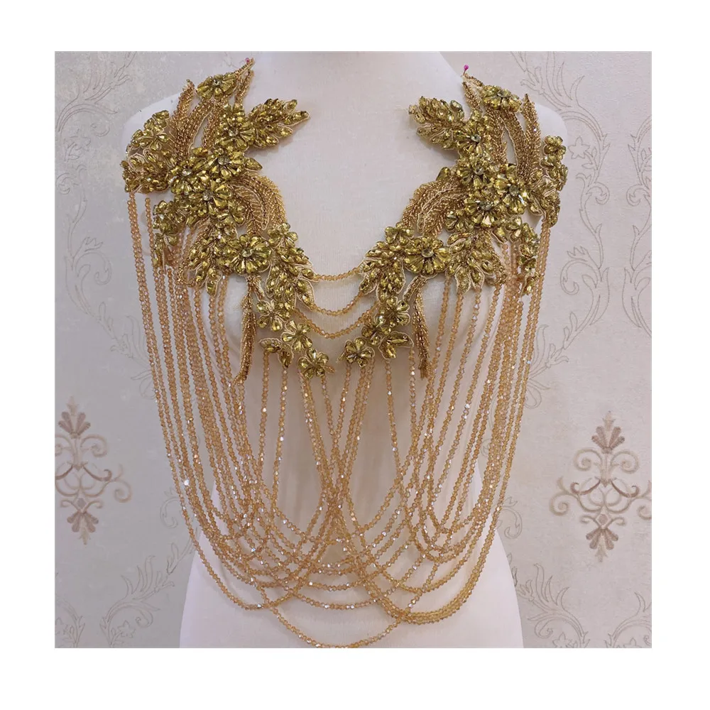 New Front Crystal Tassels Wedding Collar With Rhinestone  Beaded Tassels  Appliques Neckline for Clothes Decoration