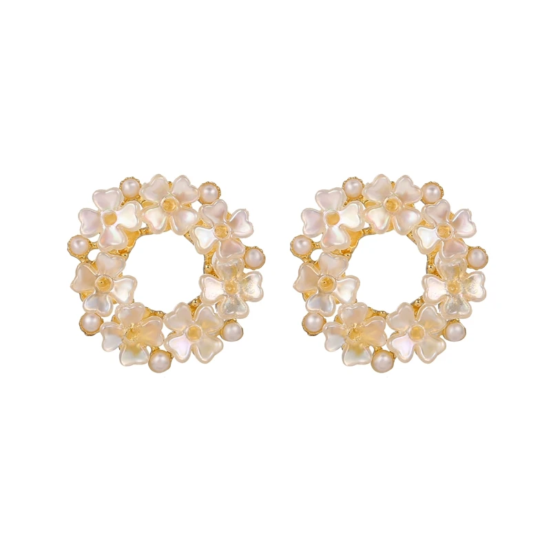 

Baroque Romantic Style Flower Pearl Inlay Rond and Star Shape pearl Hoop Stud Earrings for Women Jewelry, Gold plated