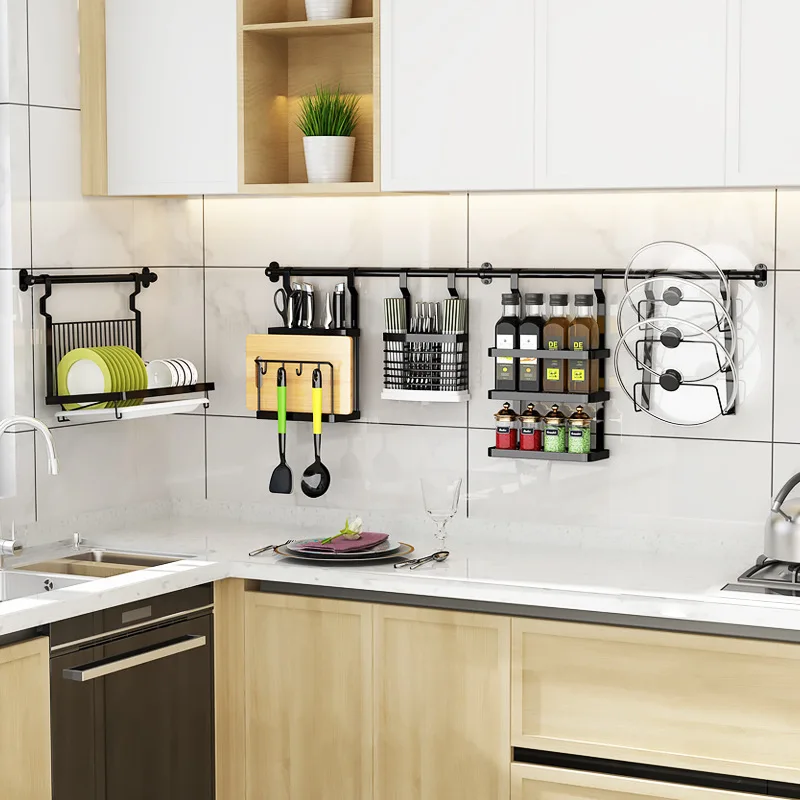 

Stainless Steel Wall Mounted Hanging Rack Rod Dish Seasoning Kitchen Storage Rack Shelf, Elegant black