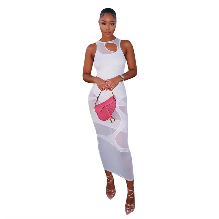 

New Design Solid Color Sexy See Through Mesh Club Sleeveless Women Dress casual dresses, White