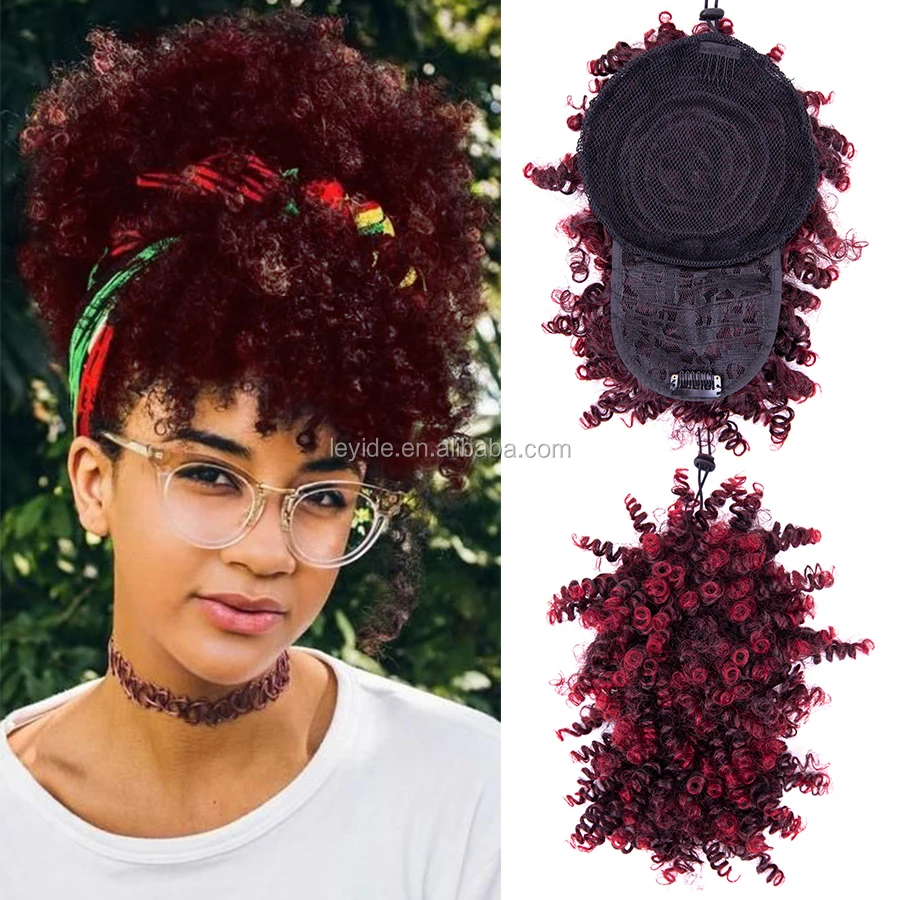 

High Puff Afro Kinky Curly Synthetic Drawstring Ponytail With Bangs Hair Extensions Short Pony Tail Hair Bun Clip in for Women, 1b#,2#,4#,27#,30#,33#,1bt27#,1bt30#,1bt33#,1bt613#,1btbug#