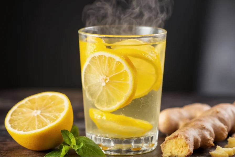 Fresh lemon slices and grated ginger in a glass of warm water with steam rising