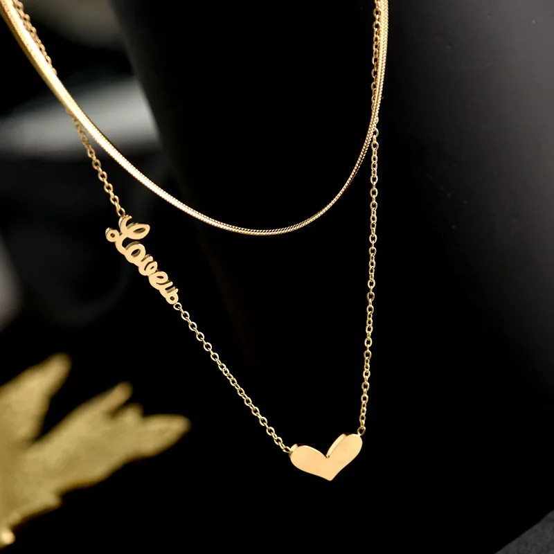 

Gattara Titanium Steel Double-layer Letter LOVE Necklace Female Ins Style Clavicle Chain Jewelry, Gold,silver