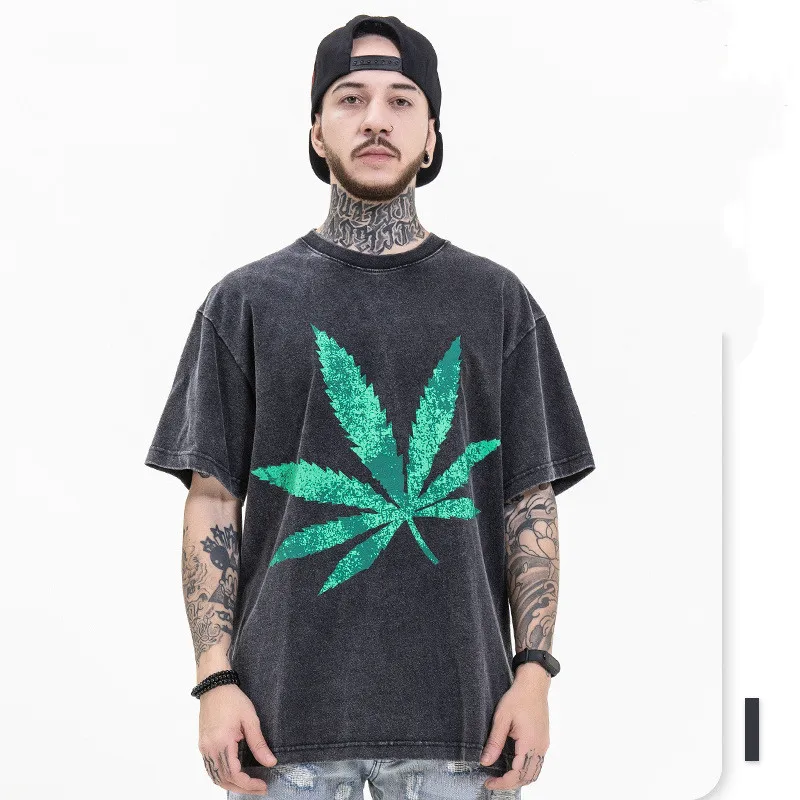 

2021 New Fashion Brand Limited Apricot Leaf Printing Wash Water To Make Old Round Neck Short-sleeved T-shirt