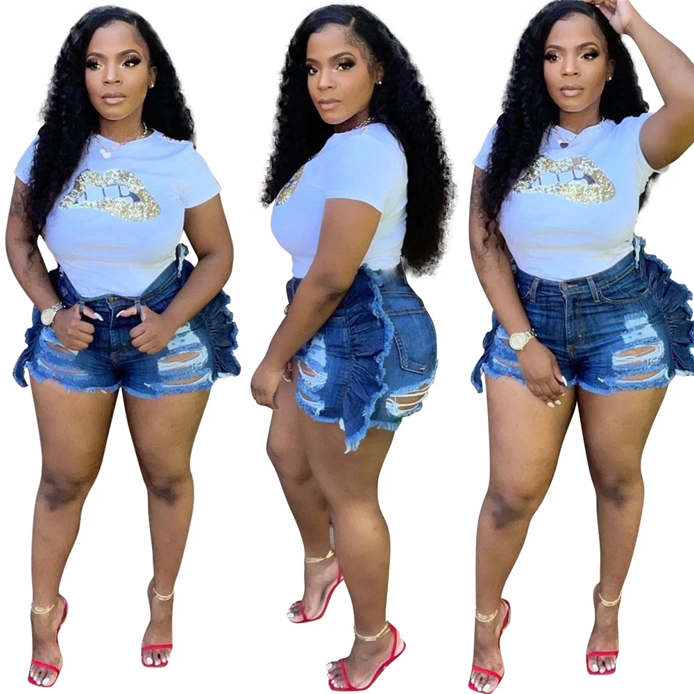 

Print Logo Summer new style blue broken hole pocket button zipper 2021 trendy casual jeans shorts