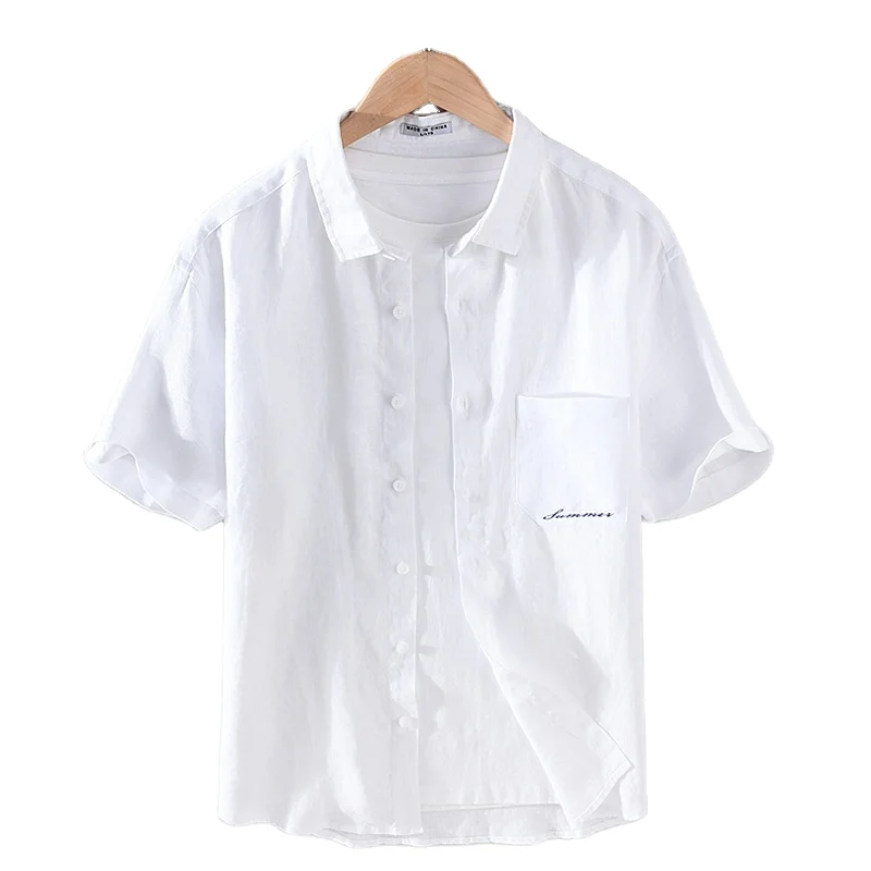 

Eco-friendly breathable casual loose turn-down collar short sleeve linen embroidery pocket men linen shirt, Multi-colors options