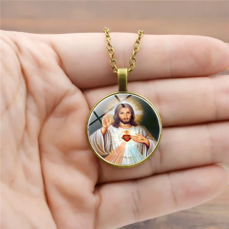 Virgin Mary Baby Jesus Religious Pendant Necklace Glass Dome Pendant Necklace.