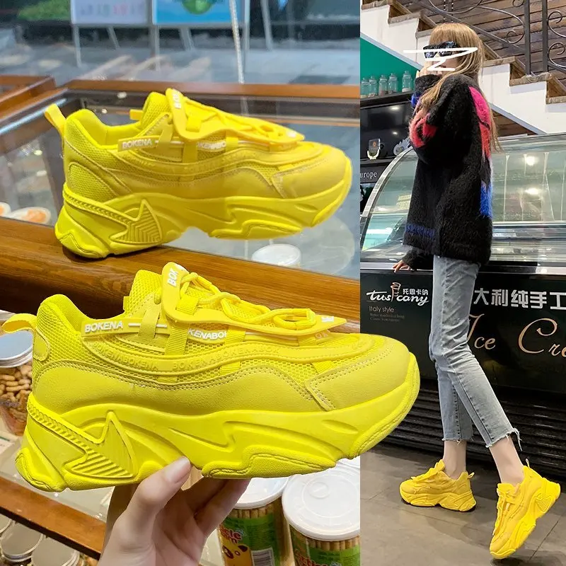 

Zapatillas Mujer Fashion Casual Thick Sneaker Platform Spring Breathable Mesh Women's Shoes Flat Yellow Sports Shoes Female 2021