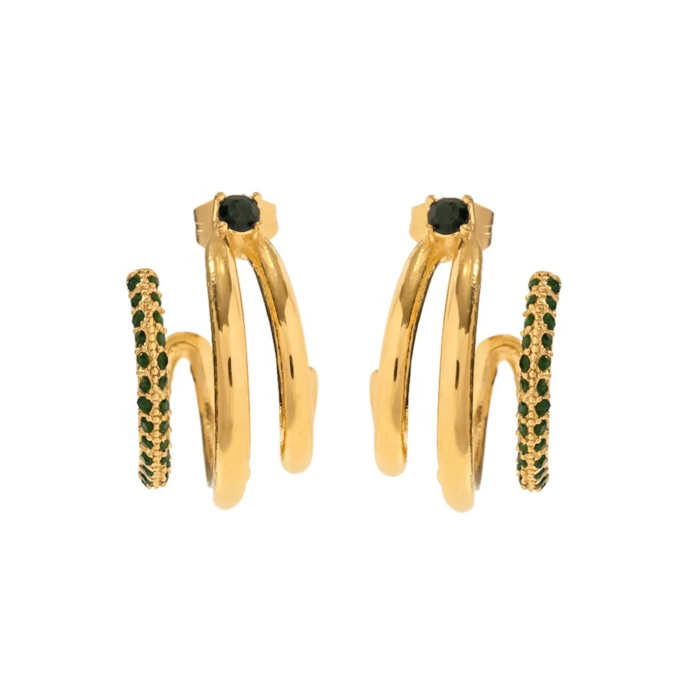 

18k Gold Plated Stainless Steel Three Layer Green Cubic Zirconia Geometric Hip Hop Stud Earring