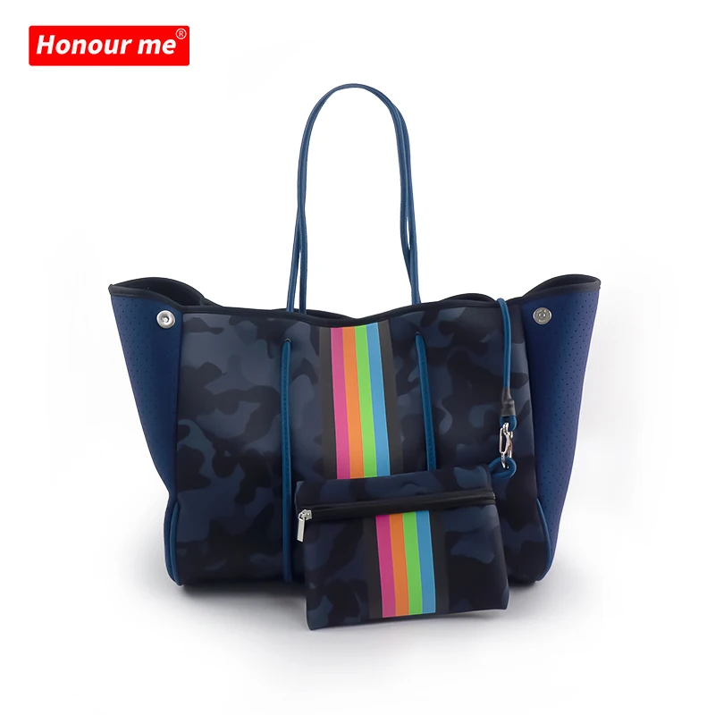 

2021 Wholesale Stripe Design Neoprene Fashion Customized Beach Handbag Waterproof Neoprene Beach Tote Bag