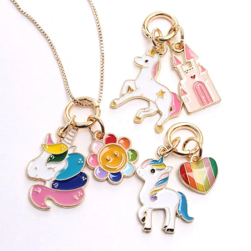 

Cute pattern 3 pcs replaceable unicorn fashion girls jewelry plated chain kids necklace sets, As picture show