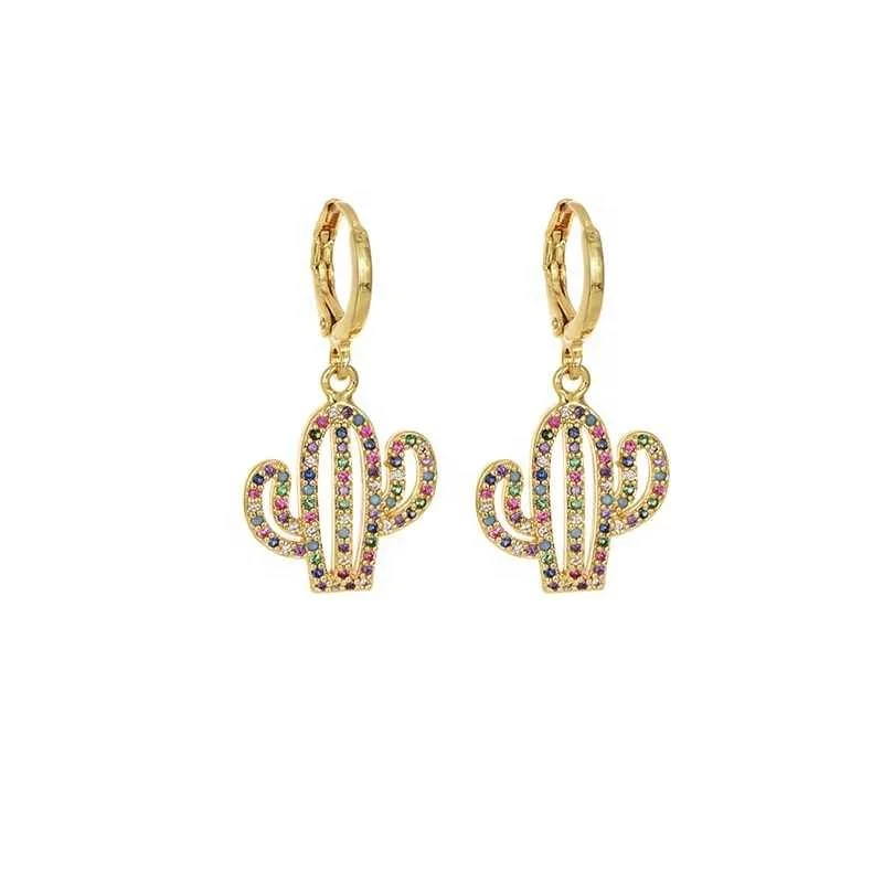 

2019 New Rainbow cactus Stud Earrings Fashion Multicolor copper Cross CZ Zircon Small Earrings Women girls Gold filled Jewelry