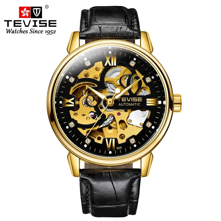 

TEVISE T869 Mens Custom Watches Luxury Leather Strap Automatic Mechanical Casual Skeleton Men Watch, As picture