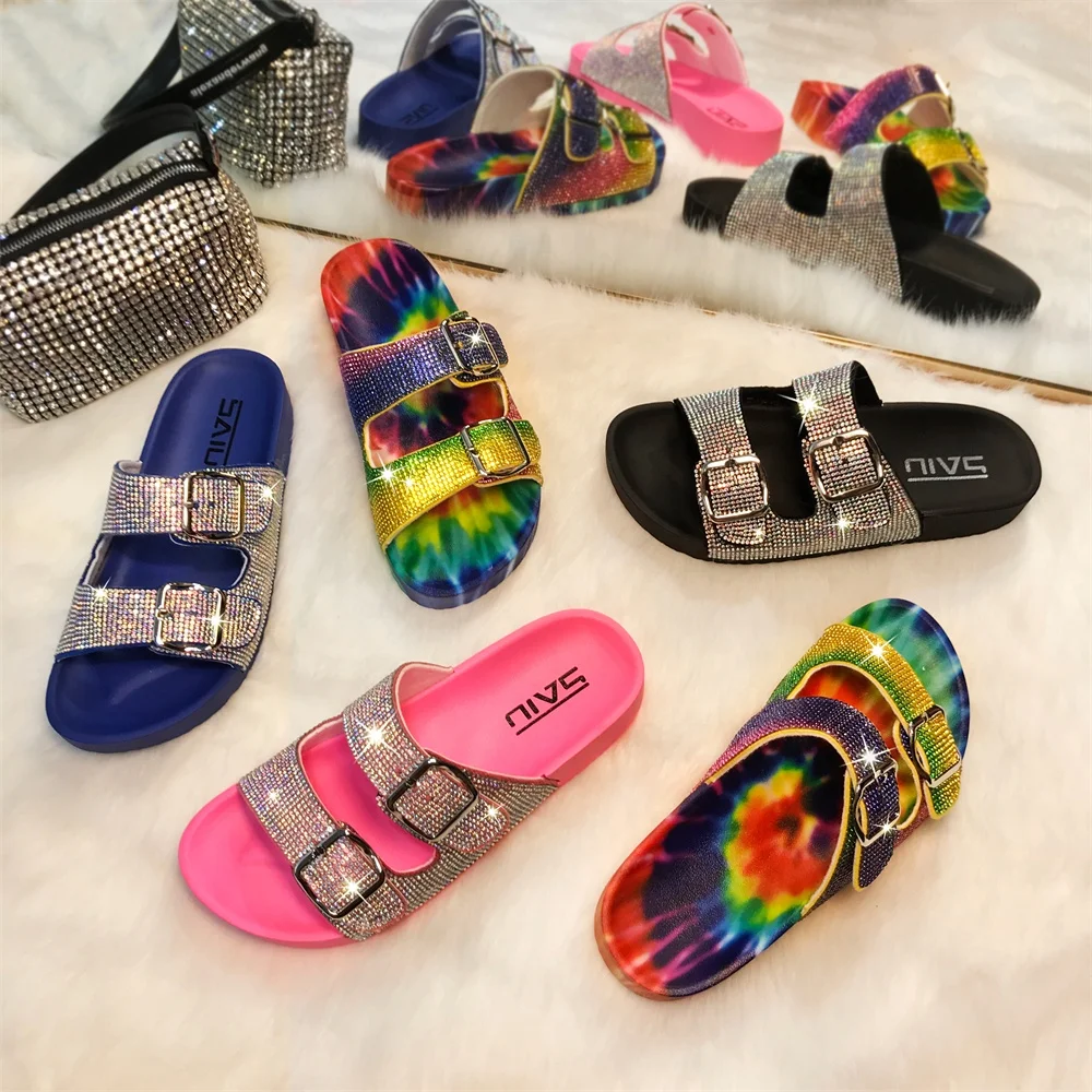 

New Arrival Multi Color Double Strap with Rhinestones Sandals For Woman Shining Diamonds Women's Slippers, Black, blue, pink, rainbow