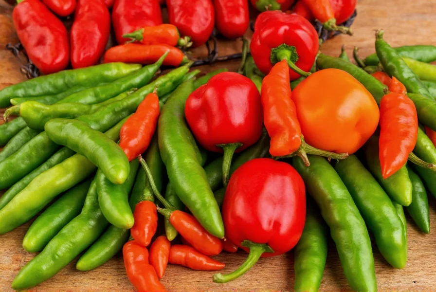 Variety of fresh peppers arranged on wooden table at pepper bar