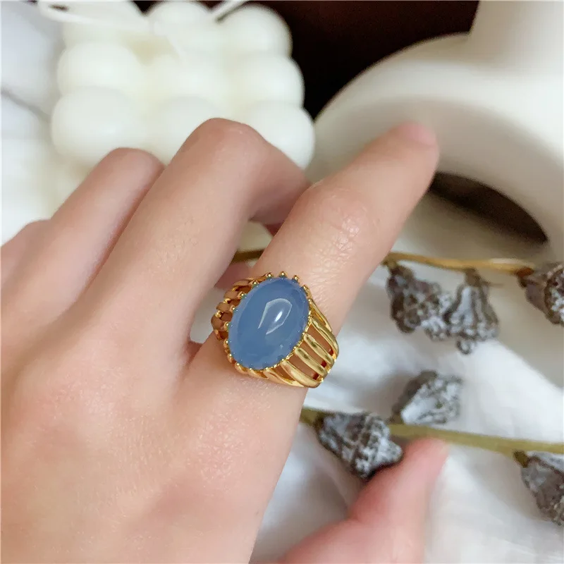 

Trendy Geometric Oval Colored Stone Ring Simple Temperament Metal Index Finger Ring Women Fashion Jewelry Accessories
