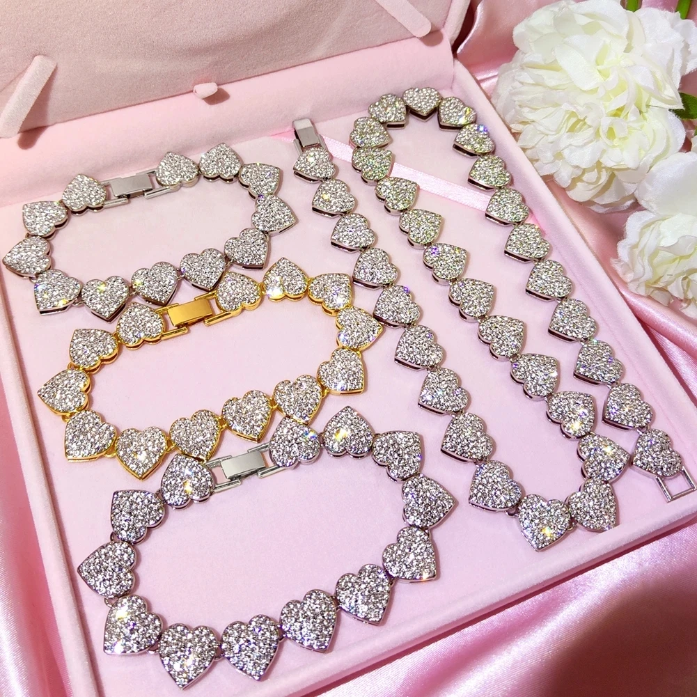 

Hip Hop Jewelry Set Iced Out Diamond Heart Tennis Chain Bracelet Choker Bling Luxury Crystal Heart Link Chain Necklace For Women