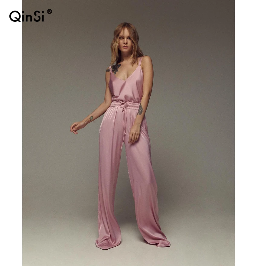 

QINSI 2 Pcs Loose Lace-Up Full Length Home Pants For Women Nightgown 2022 Solid Sleepwear V Neck Pajamas Set Camisole Female Set