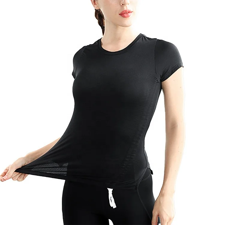

In Stock Yoga Tees Top Slinky Breathable Side Ruched Detail Short Sleeves Casual Women Woven Spring Summer Plain Dyed Polyamide