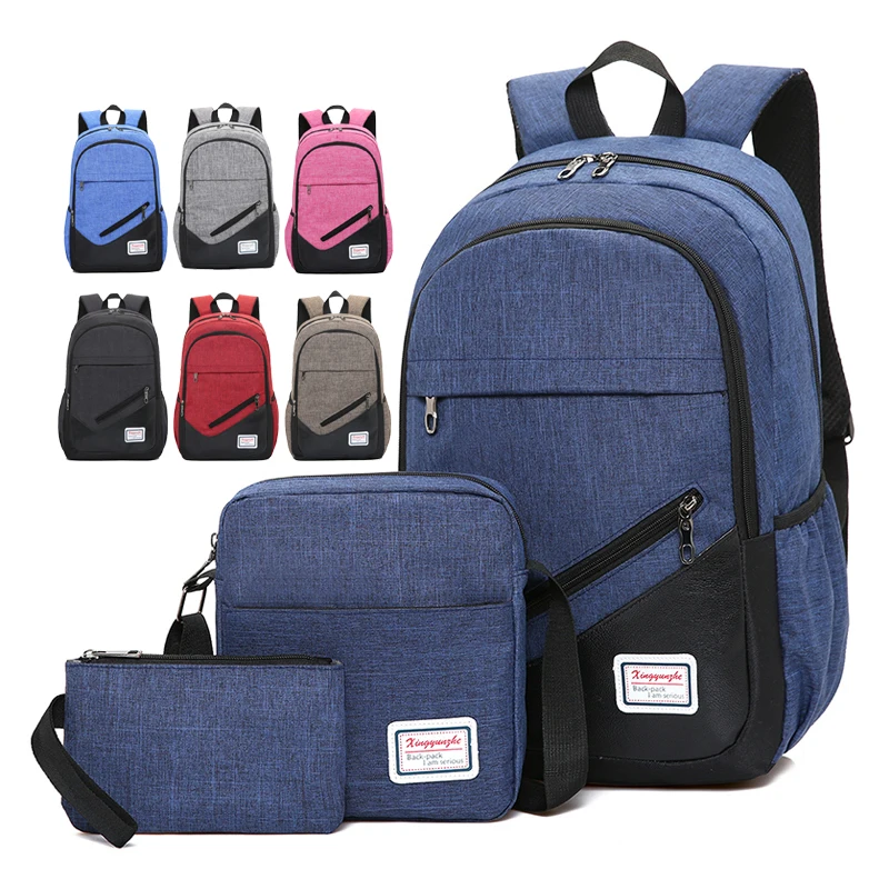 

18 Inches 3 PCS Set Colorful Factory Wholesale Simple Design Nylon Polyester Fabric Custom Logo Laptop Backpack Bagpack Bag, Black, blue, dark blue, pink, red, brown, gray or custom