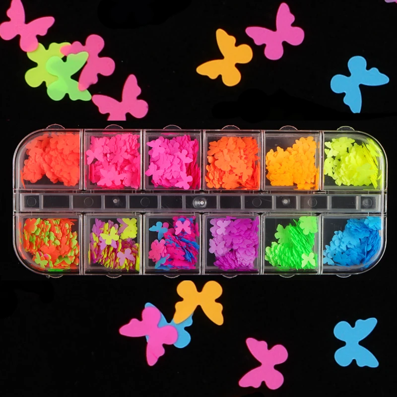 

12 Colors/Set Beautiful Fluorescent Color Butterfly Shape Nail Sequins Manicure Nail Art Design Decorative Slice Accessories