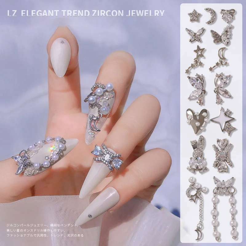 

Luxury Silver Color Nail Charms AAA Zircon Love Heart Butterfly Rabbit Star Moon White Pearl Women Beauty Finger Nail Jewelry, Colorful