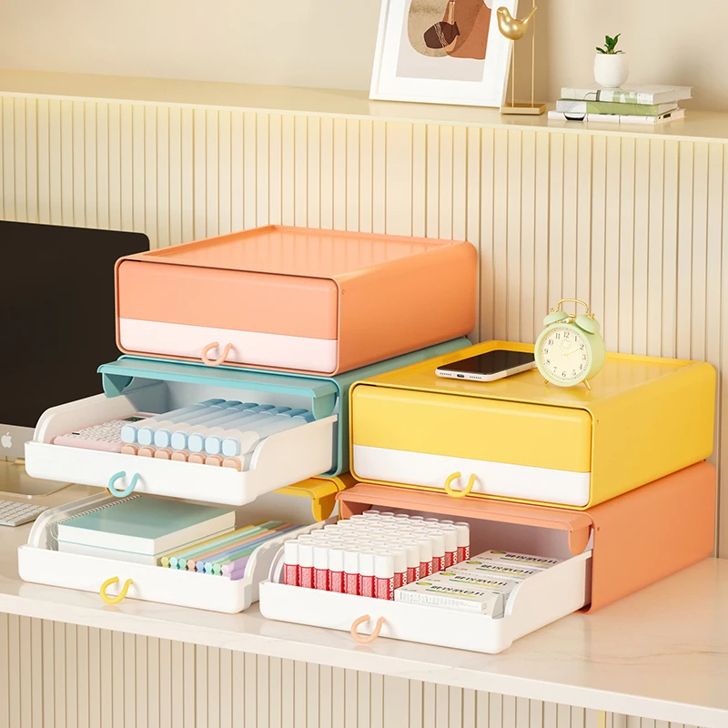 

2021 New Household Desktop Drawers Storage organizer Colorful Stackable Plastic Desktop Drawers Storage Box With Handle, Pink\green\yellow