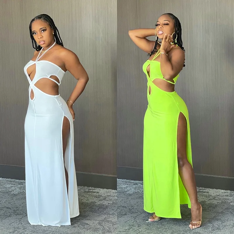 

Sexy Hollow Halter Maxi Dresses Women 2021 New Arrivals Solid Color Bandage Robe Streetwear, Picture color