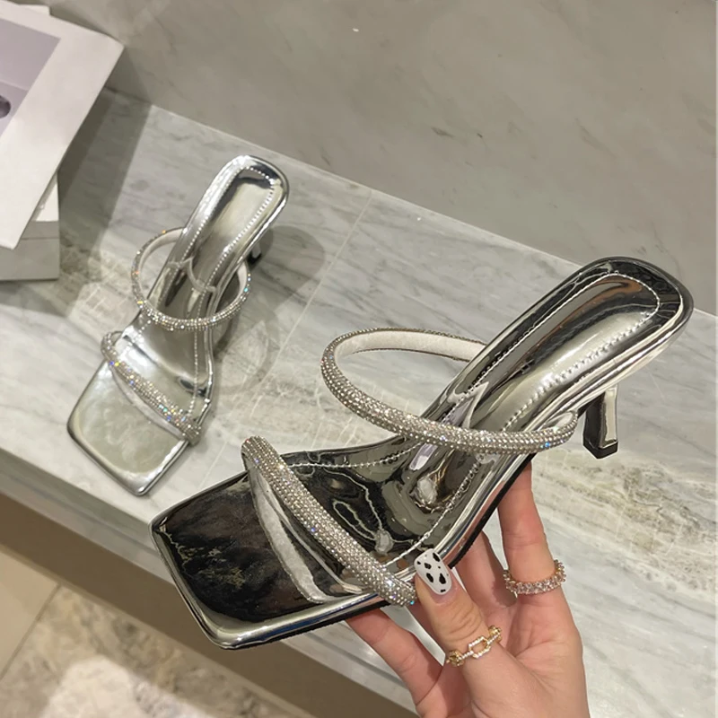 

2022 New Fashion Rhinestone Summer Slippers Woman Thin Medium Heels Sexy Shallow Square Toe Silver White Ladies Shoes