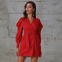 

Oem Custom Red Blazer Leg Of Mutton Belt Shein Casual Office Dress