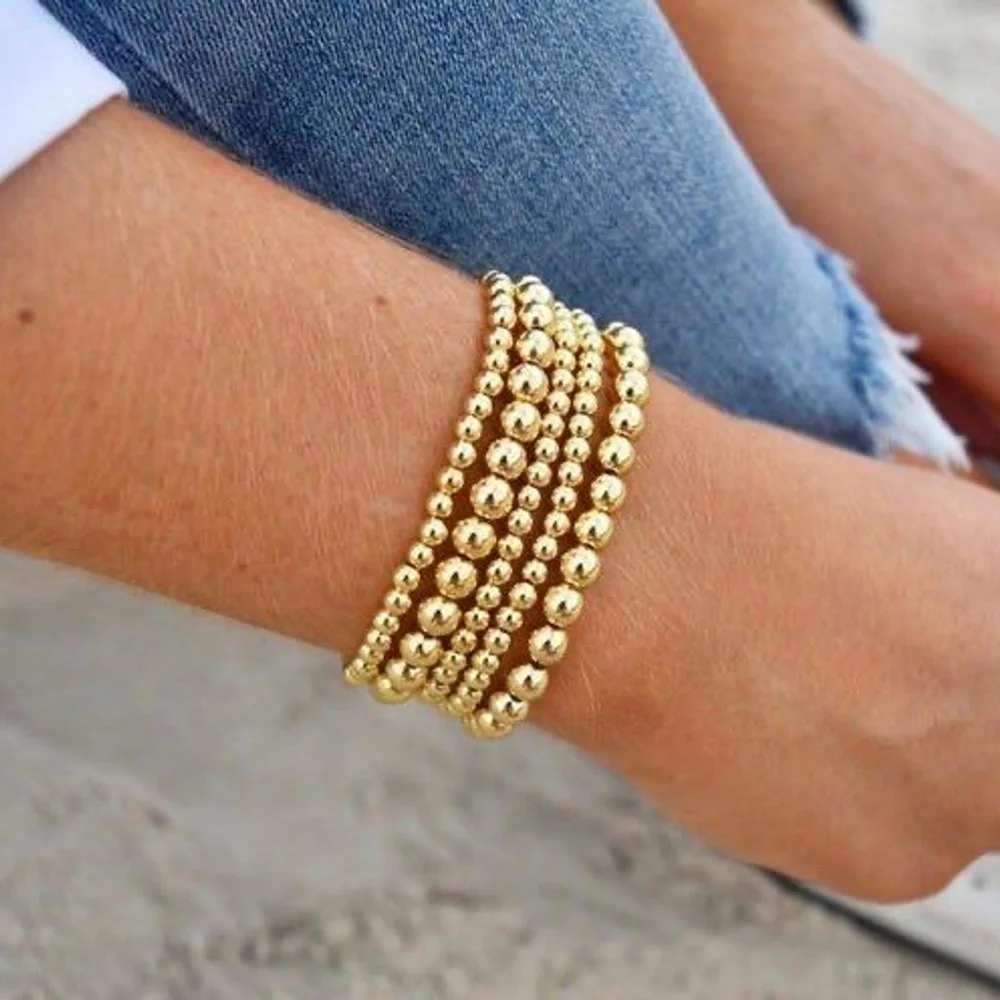 

Elastic Stretch Gold Plating Round Beads Bracelet 4/5/6/8mm Multi Row CCB Beaded Bracelet Set for Couples