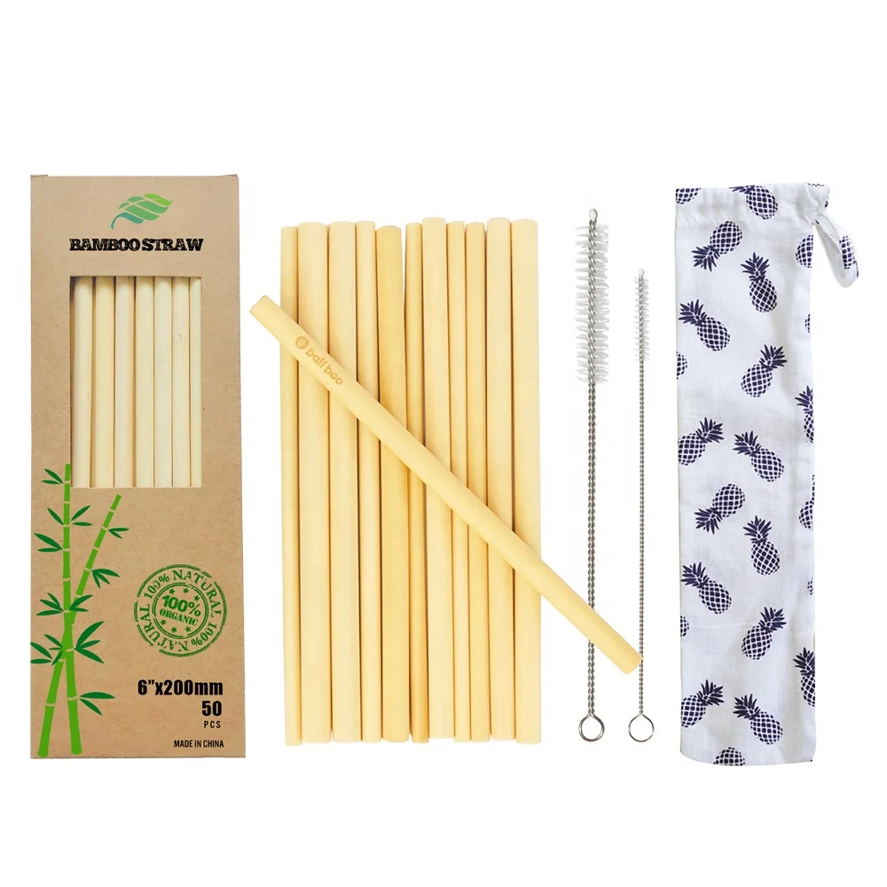 

Reusable Bamboo Straw Set Zero Waste Cocktail Smoothie Drinking Straws Stainless Steel Cleaning Brushes & Pouch Bag, Natural bamboo color