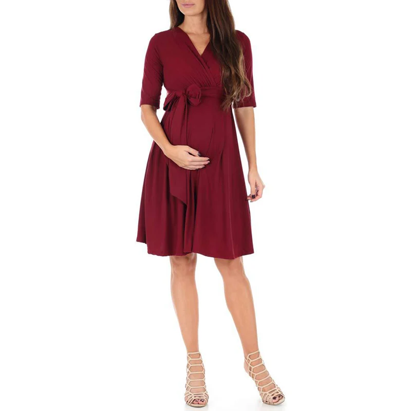 

2021 V-neck Maternity Wrap Self-tie Waist Dress Breastfeeding Clothing Pregnant Casual Dress