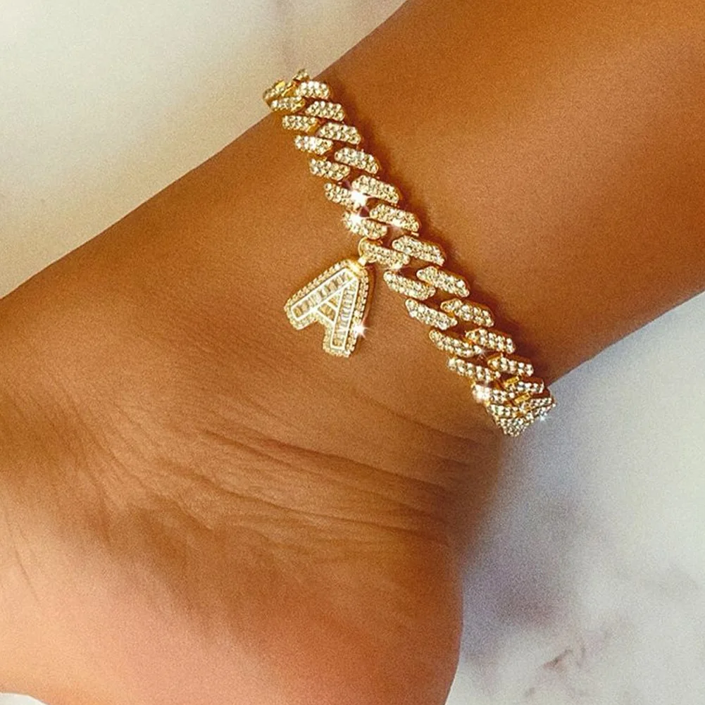 

Custom Foot Jewelry Drop Shipping Crystal Initial Letters Anklet Full Rhinestone Gem Rhombus Cuban Capital Alphabet Ankle