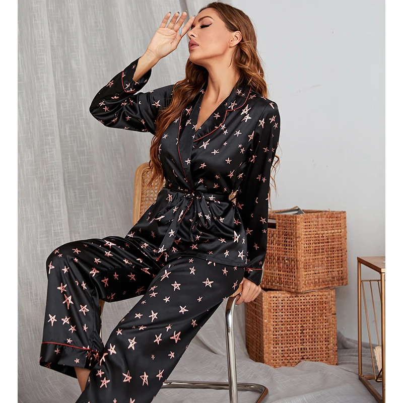 

Summer Turn-Down Collar Long Sleeve Long Pants Satin Silky Print Women Pajamas